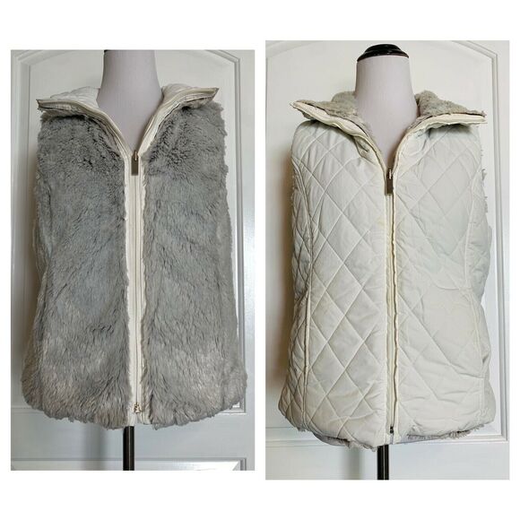 WEATHERPROOF GARMENT CO. White Ivory Puff Quilted Vest Faux Fur Reversible M EUC - Picture 1 of 10
